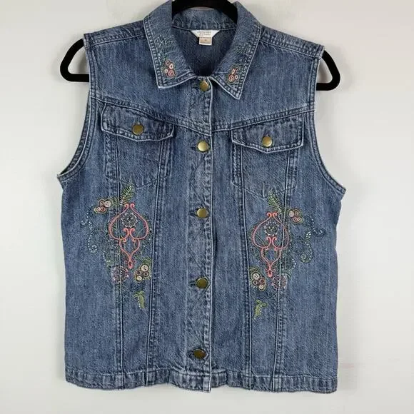 Christopher Banks Denim Boho Vest M Blue Embroidered Collared Eclectic Western - Picture 1 of 9